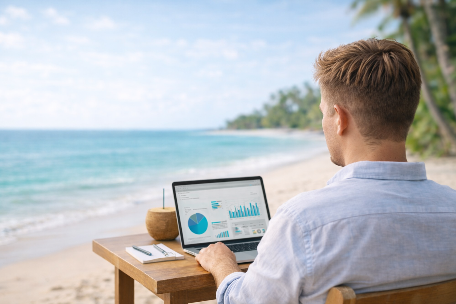 Mann mit Laptop am Strand